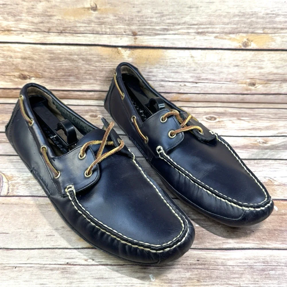 Polo Ralph Lauren Mens Black Leather Broderick Nautical Lace Up Boat Shoes 11.5D
